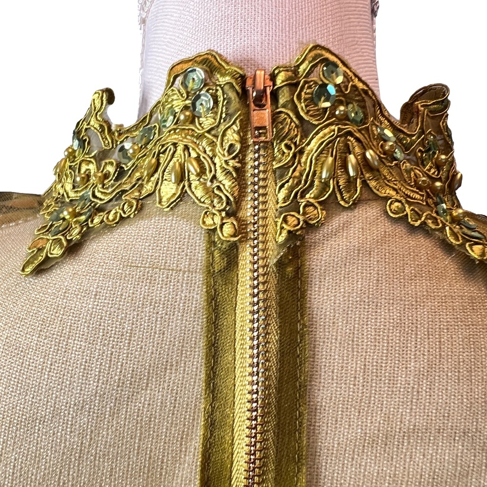 #A048 FT INC Olive Green Embroidered Mesh Top with High Neck, Sequins, XL - Picture 7 of 12